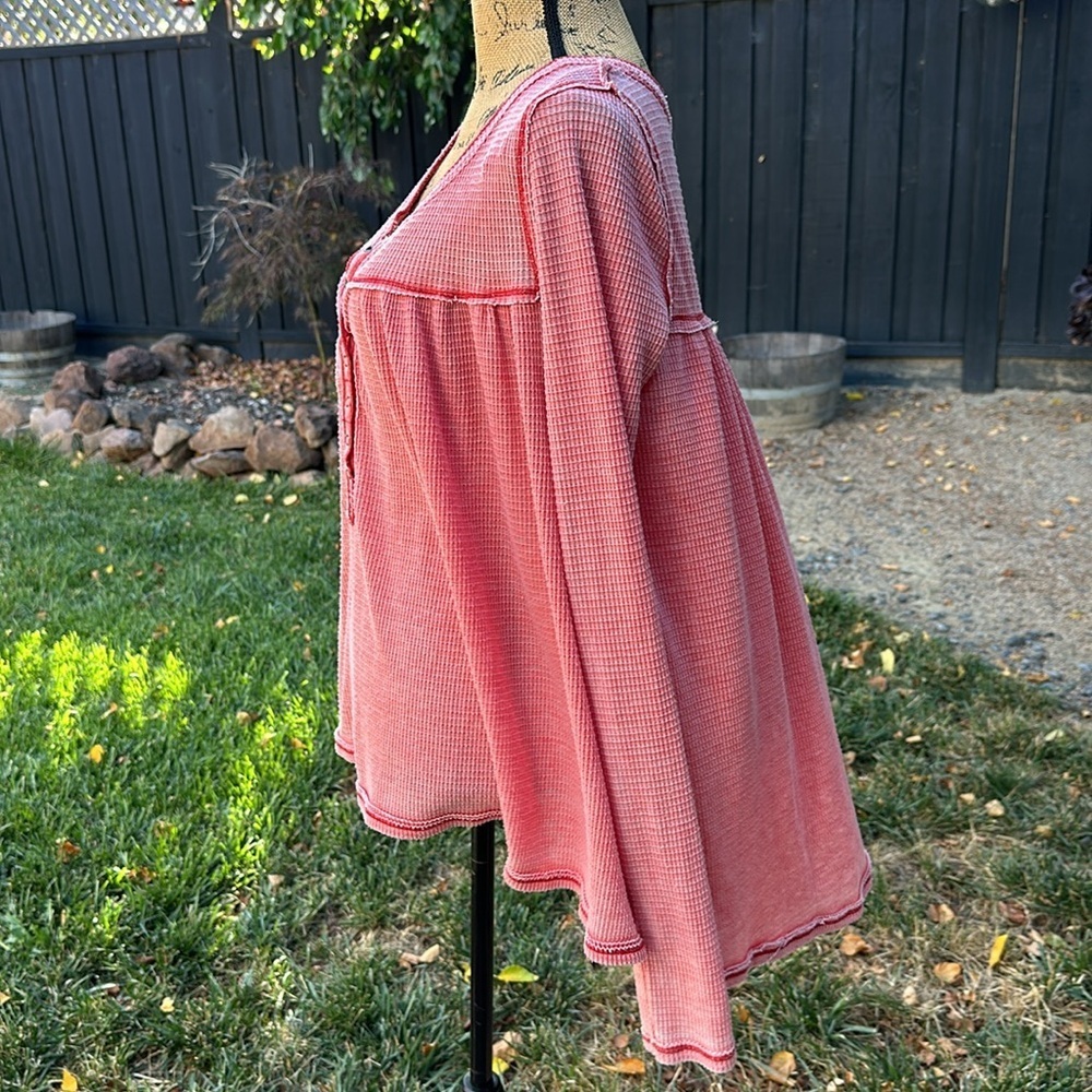 Free People Pink Waffle Knit Henley Top - Picture 7 of 9